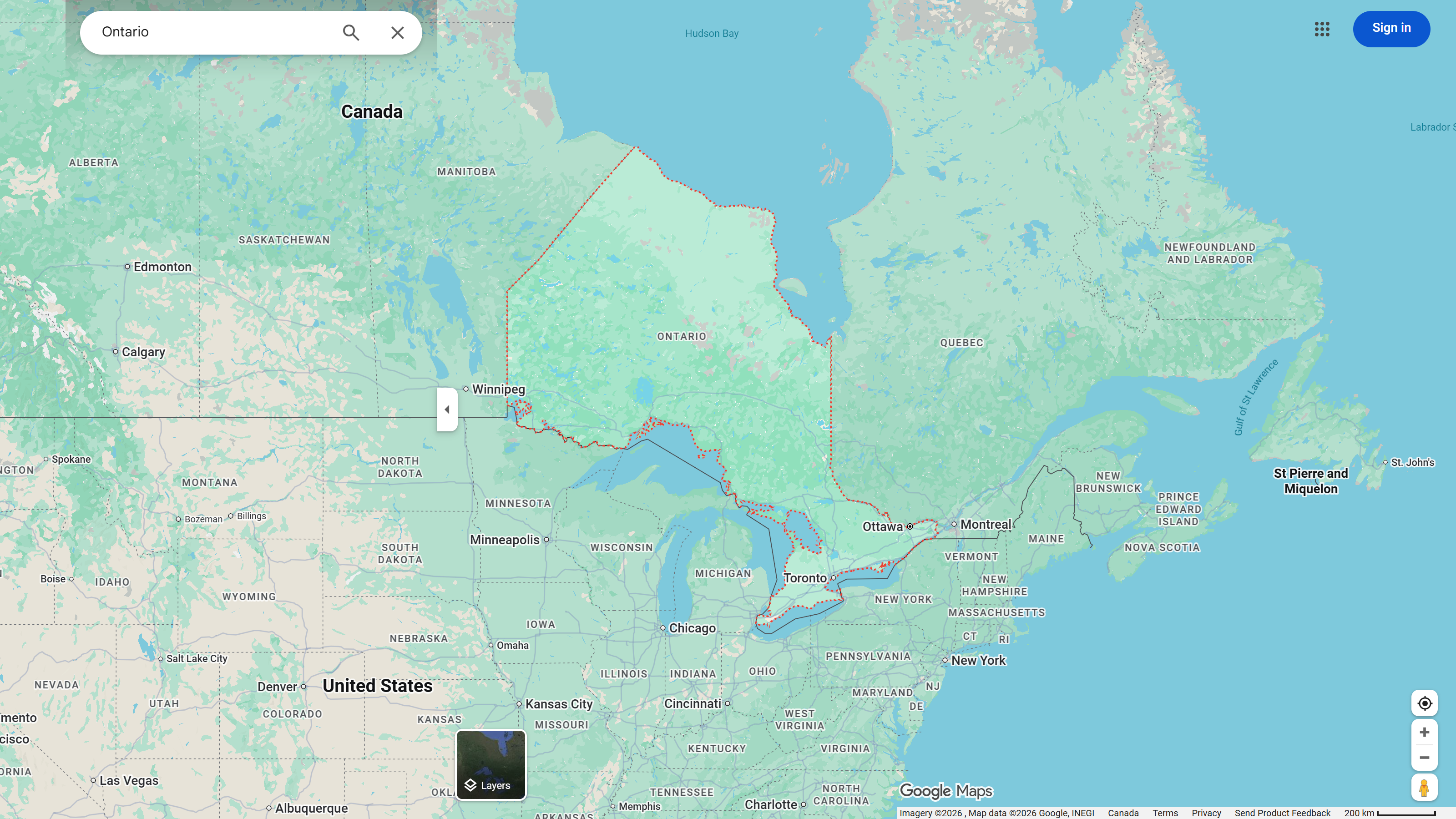 Google Maps showing Ontario province highlighted with AT6ix headquarters in Toronto